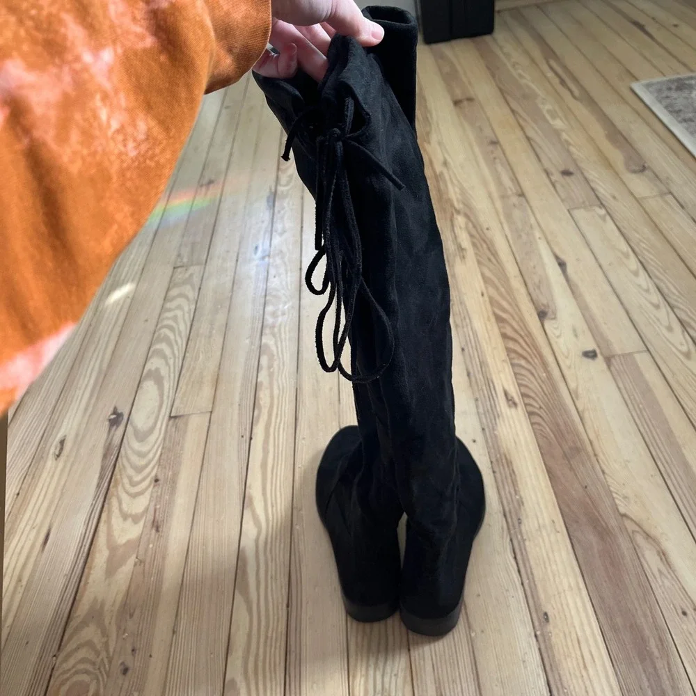 Charlotte Russe Black Suede Over The Knee Boots Tie Back Flat Heel Size‎ 8
